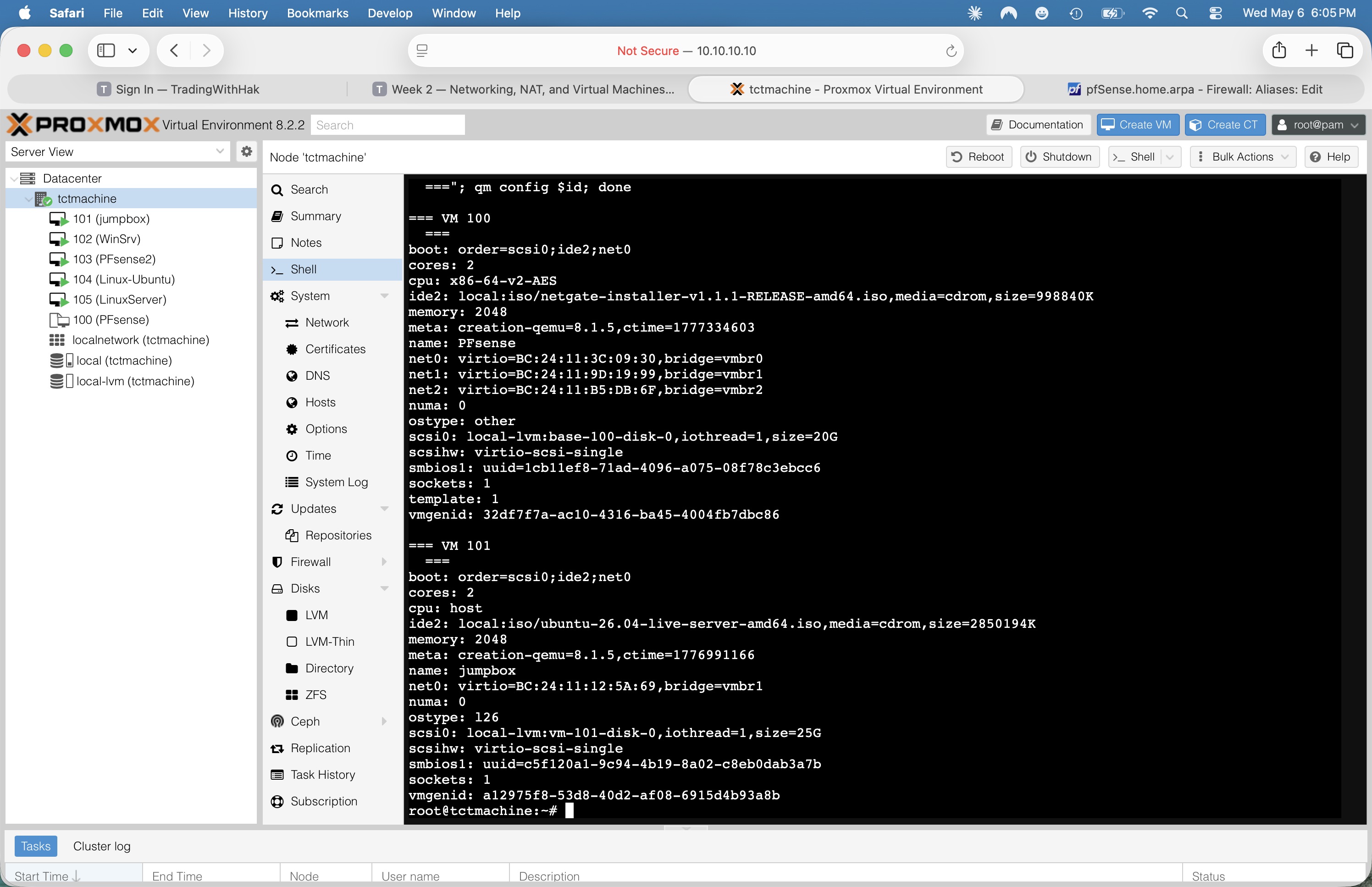 qm config 100 (PFsense template, template: 1, three vmbr NICs, ide2 netgate-installer ISO) and qm config 101 (jumpbox, Ubuntu 26.04 ISO, single net0 on vmbr1, scsi0 vm-101-disk-0 25G)