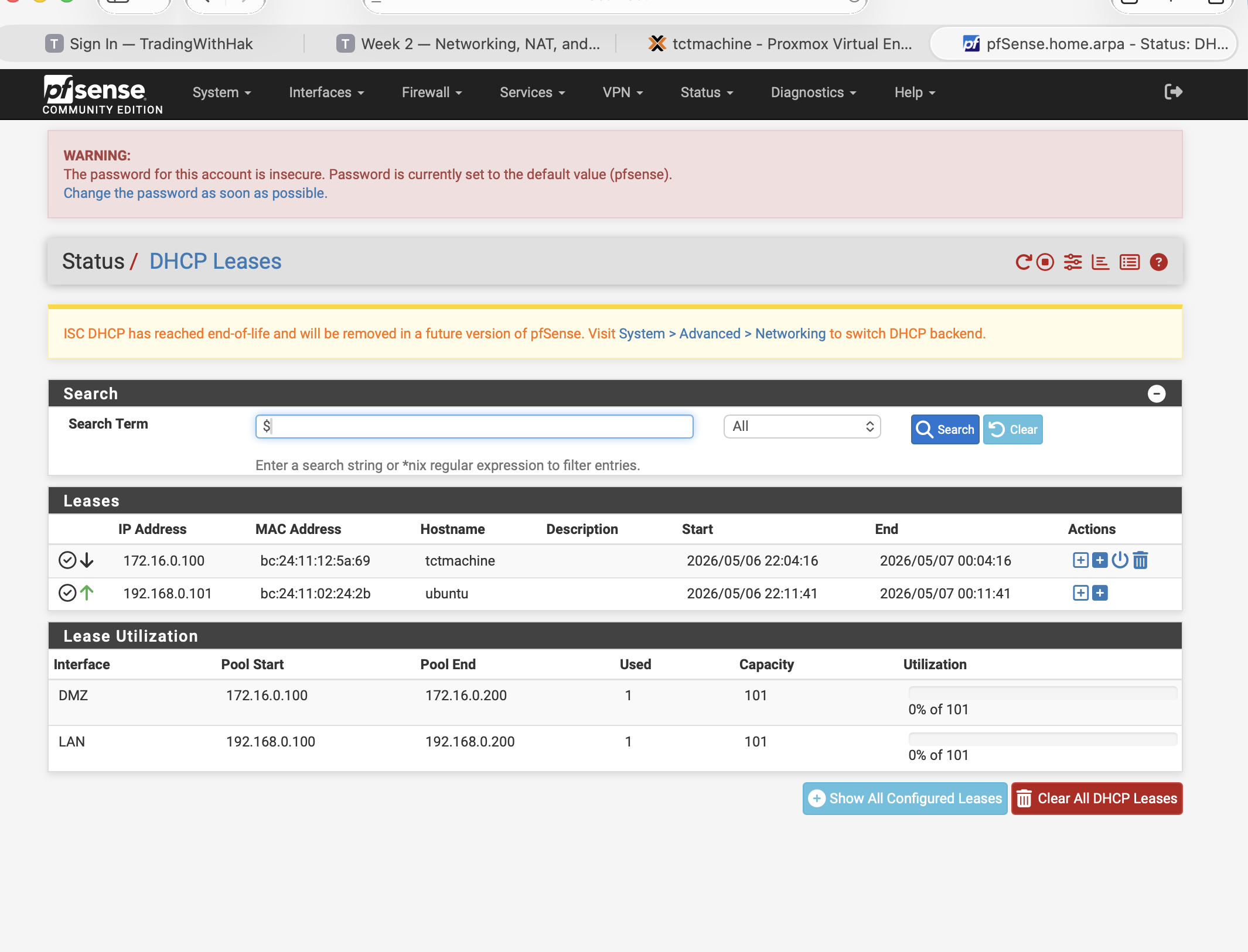 DHCP Leases page showing 172.16.0.100 = tctmachine (jumpbox) and 192.168.0.101 = ubuntu (LinuxServer or similar), with ISC DHCP end-of-life banner at top