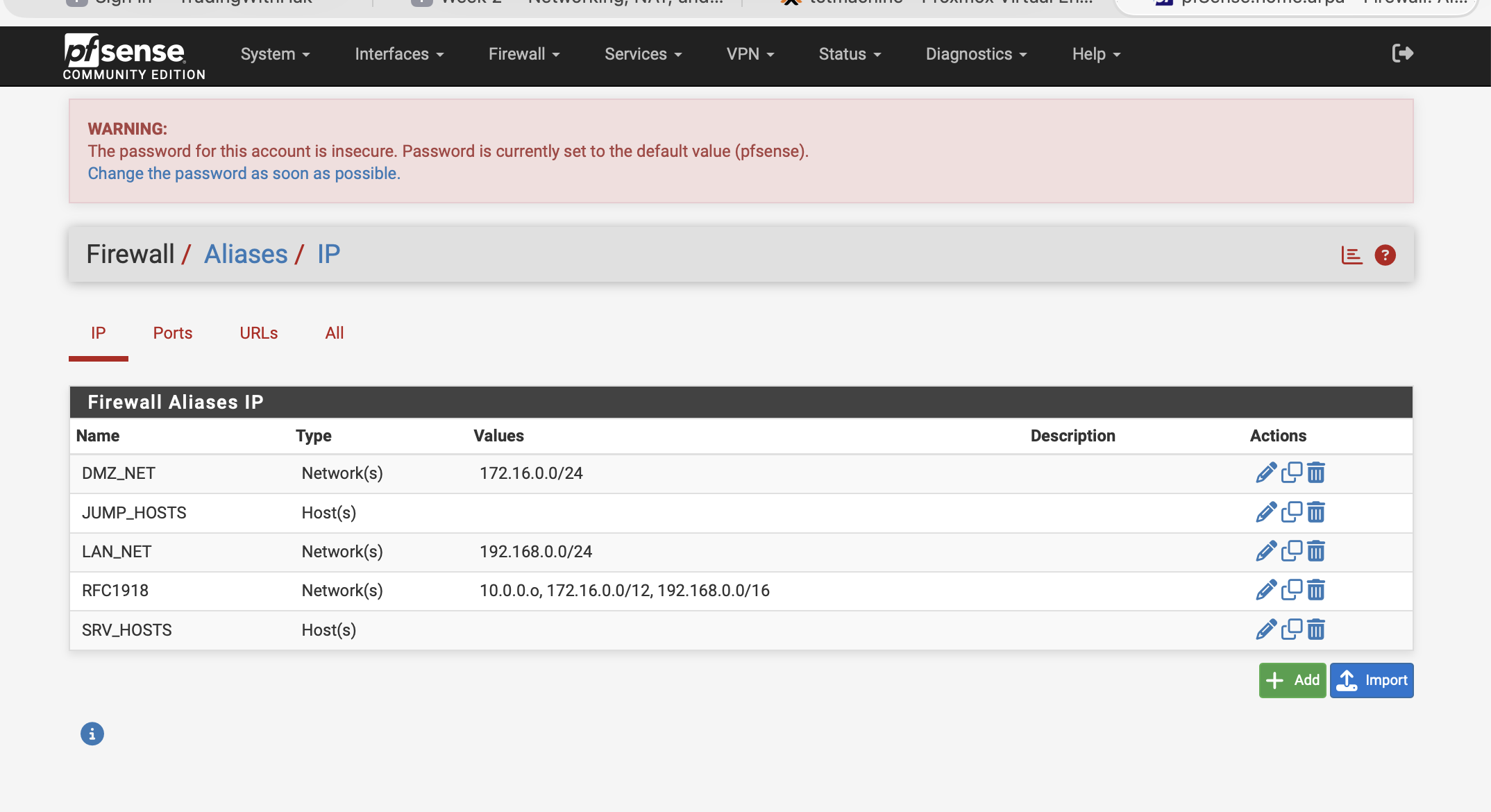 pfSense Firewall Aliases IP tab listing DMZ_NET (172.16.0.0/24), JUMP_HOSTS, LAN_NET (192.168.0.0/24), RFC1918 with values 10.0.0.o 172.16.0.0/12 192.168.0.0/16, SRV_HOSTS