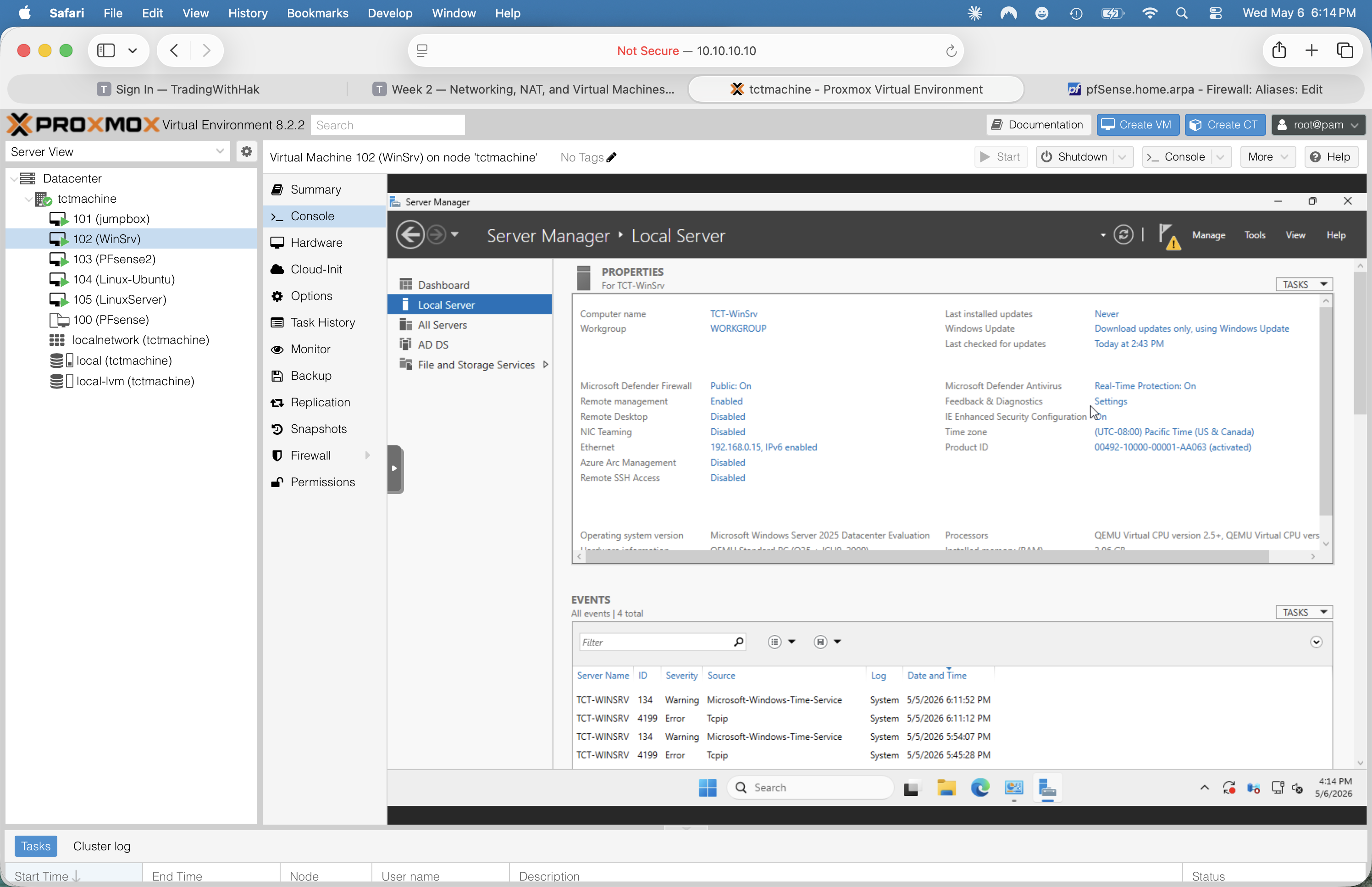 Server Manager Local Server panel on TCT-WinSrv showing Properties — firewall, RDP, NIC teaming, ethernet, time zone, OS version Windows Server 2025 Datacenter Eval, with Events list at bottom