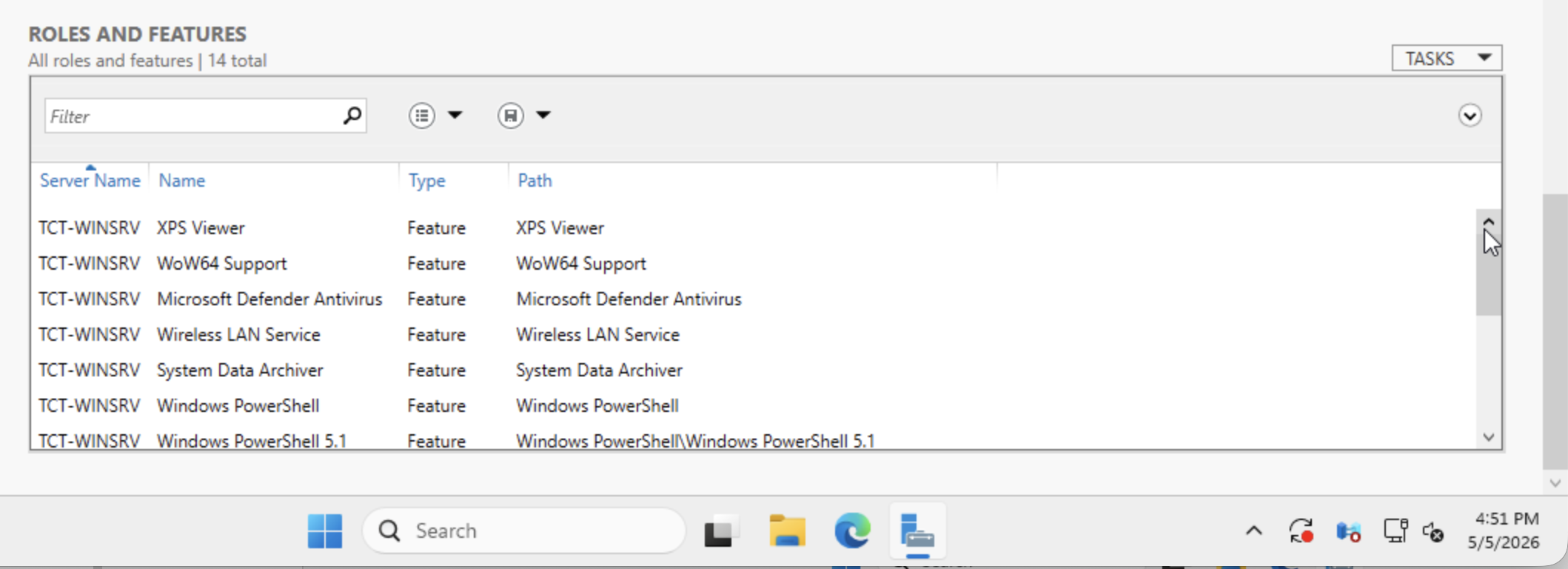 Server Manager Roles and Features panel showing 14 total — XPS Viewer, WoW64 Support, Microsoft Defender Antivirus, Wireless LAN Service, System Data Archiver, Windows PowerShell, Windows PowerShell 5.1