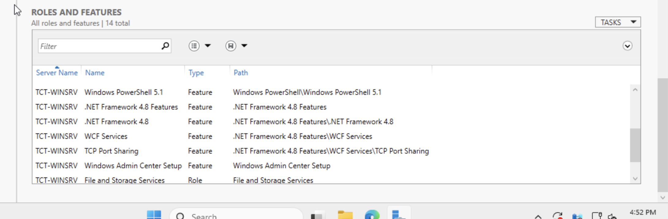 Server Manager Roles and Features panel showing the second half — Windows PowerShell 5.1, .NET Framework 4.8 Features, .NET Framework 4.8, WCF Services, TCP Port Sharing, Windows Admin Center Setup, File and Storage Services
